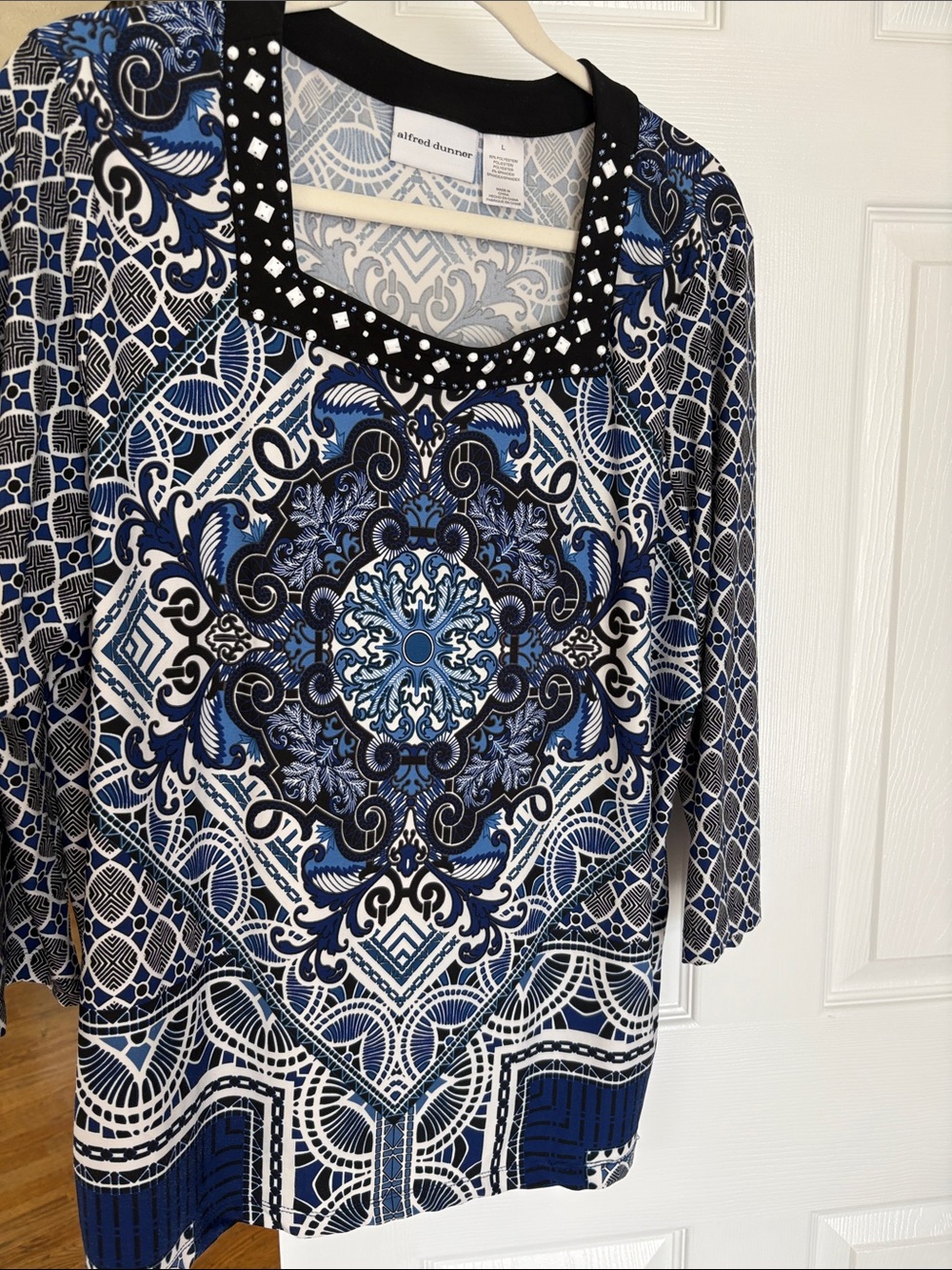 Alfred Dunner Blue, White & Black Patterned Neck-Embellished Long Sleeve Top